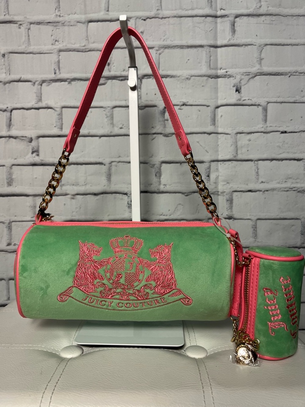Juicy Couture Retro Green Barrel Bag w/ Pink Scottie Dogs Embroidery & Mini Bag